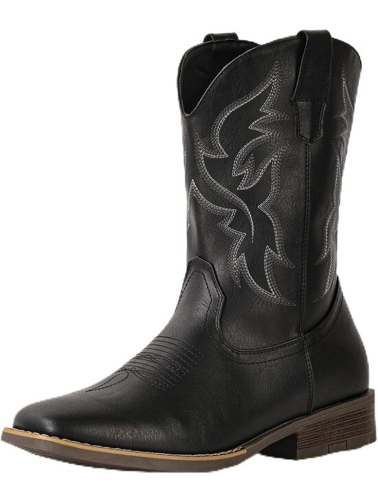 Men\'s Black Faux Leather Wide Square Toe Slip-Resistant Western Cowboy Boots main image 4